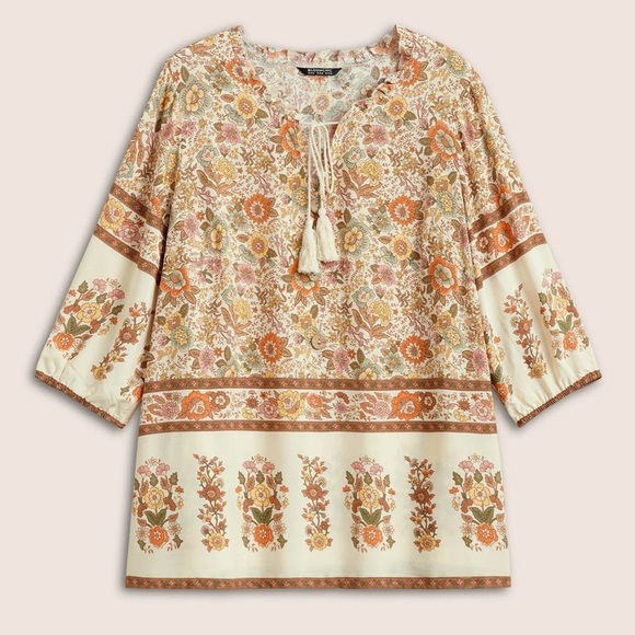 BloomChic Plus Size Rayon Boho Print Button Detail Tie Neck Blouse - Picture 5 of 6